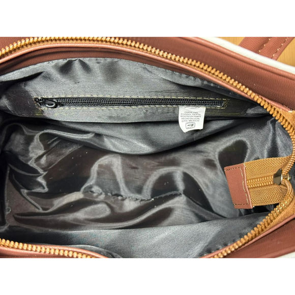 Floral White & Brown Cross Stitch Embossed Tooled Artisan LEATHER Bag Purse Tote - Picture 10 of 12